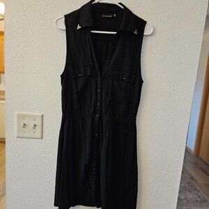 ULTRA FLIRT Black Dress Size XL Button Down Gold Collar Accents Sleeveless